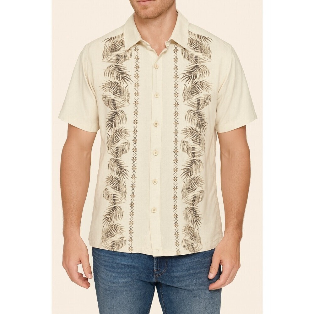 Caribbean Joe shirt button up creak palm leaf 100% Silk lightweight vacation LG